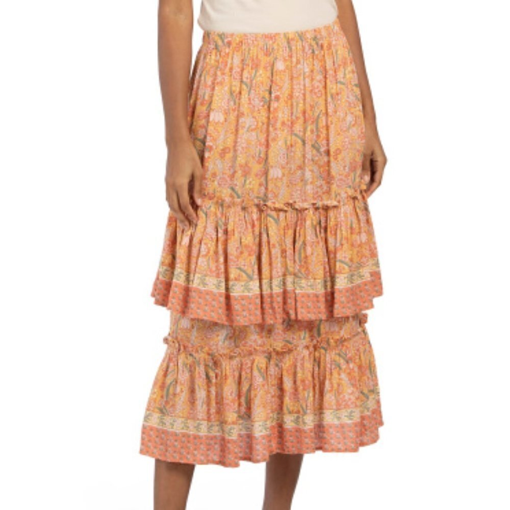 Rachel Zoe New Size XS Viscose‎ Boho Orange Floral Tiered Ruffle Midi Skirt